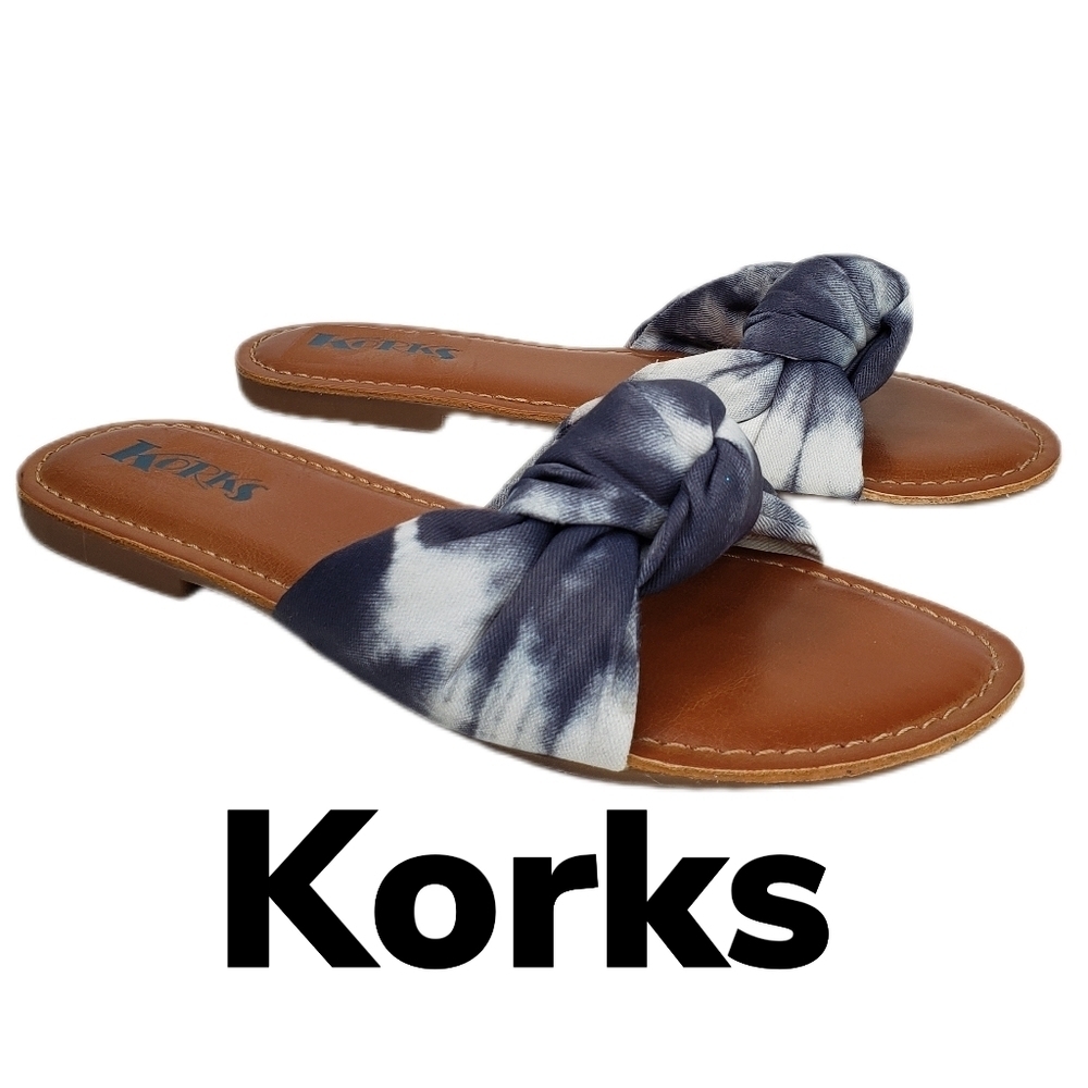 Korks Soleil Tie Dye Blue & White Knotted Fabric Slip on Slides Sandels Sz 9M